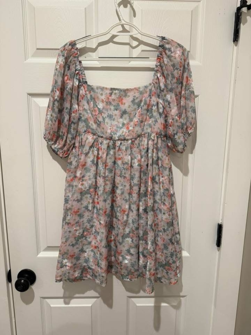 Floral Puff Sleeve Babydoll Dress - Coral & Sage